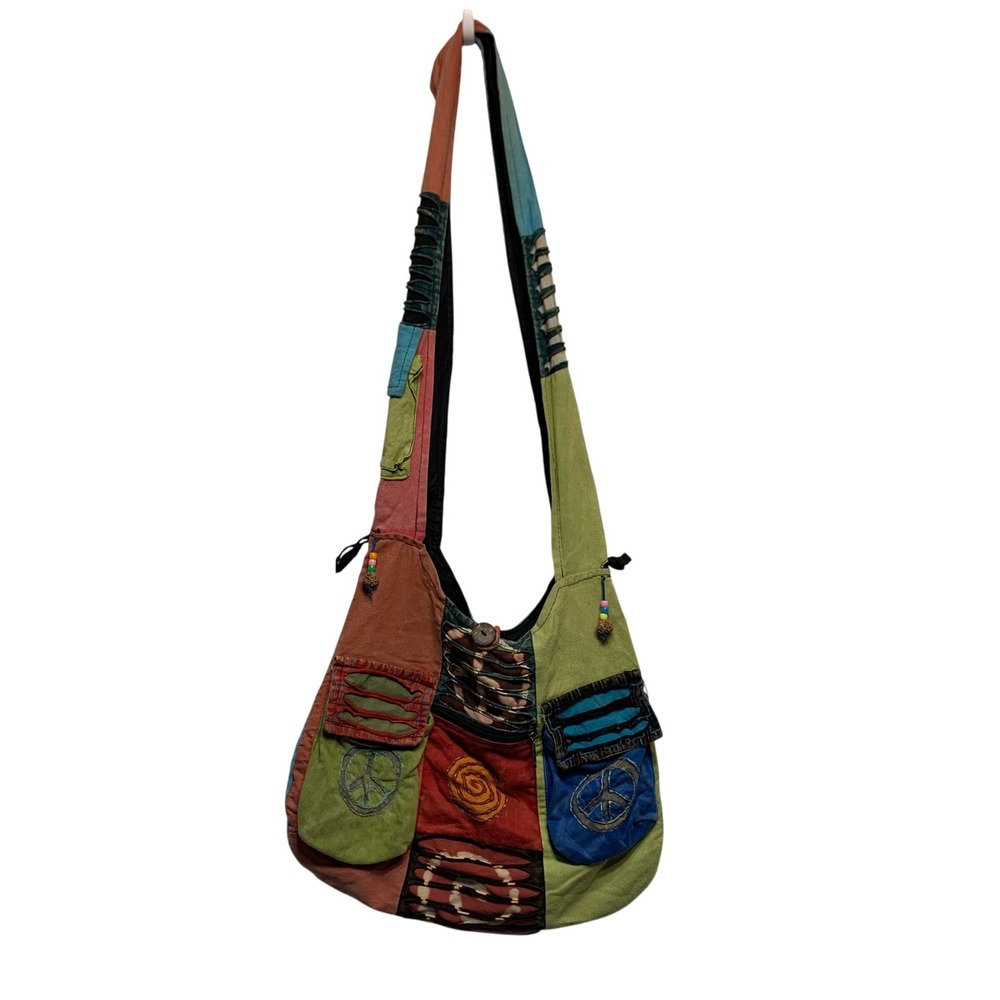 Bohemian Patchwork Hobo Bag Large Multi-Color Peace Sign Hippie Festival Hobo